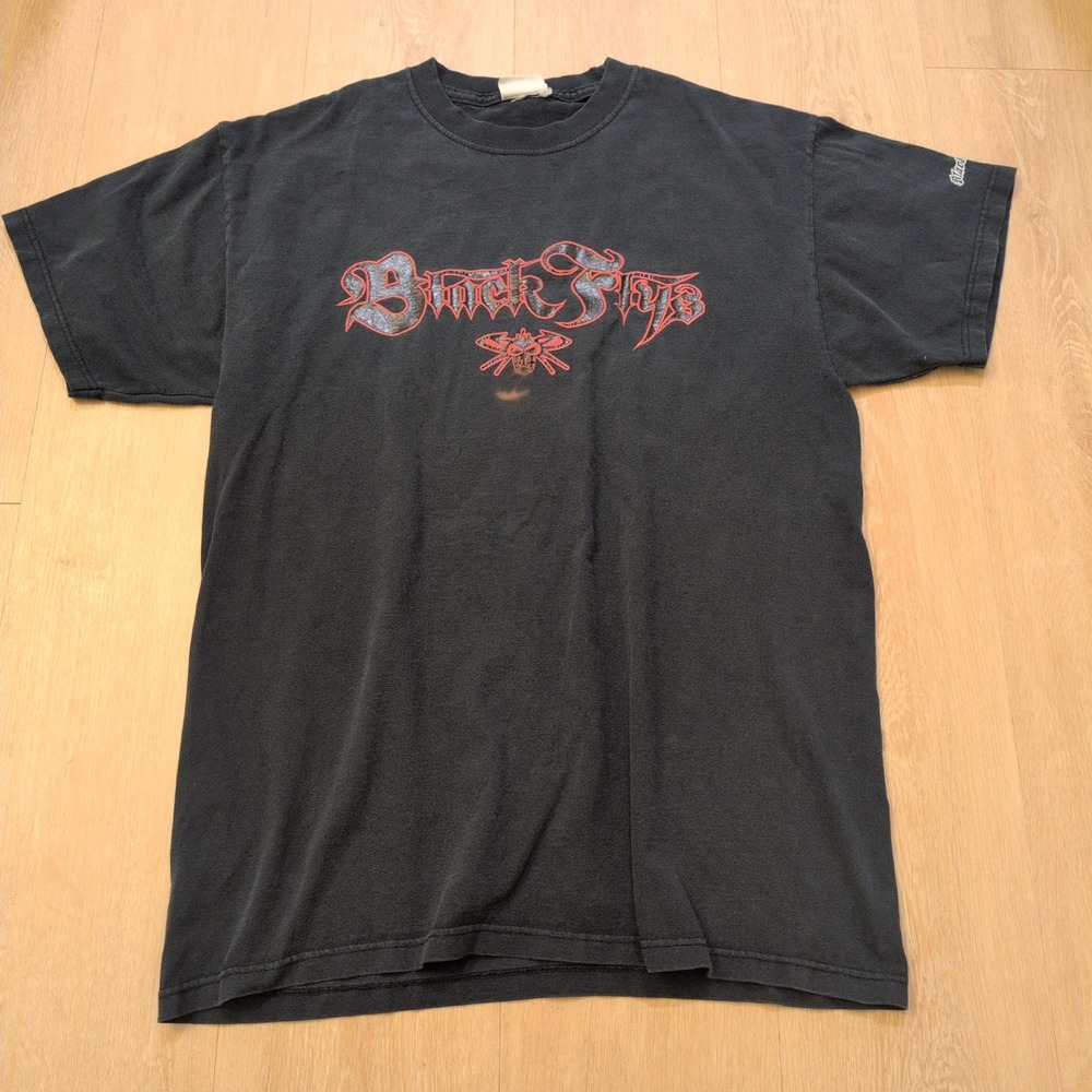 VTG Black‎ Flys Spellout Men's Large Shirt Skater Punk Grunge Emo Goth Black